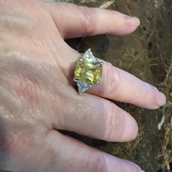 Yellow Sapphire Ring w simulated Triangle diamonds 14k Gold Plated on Sterling - Picture 6 of 7